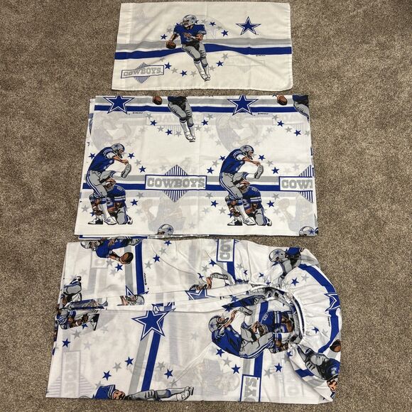 Vintage 1992 Dallas Cowboys NFL Twin Sheet Set Flat Fitted Pillow Bibb Co USA - Picture 1 of 6